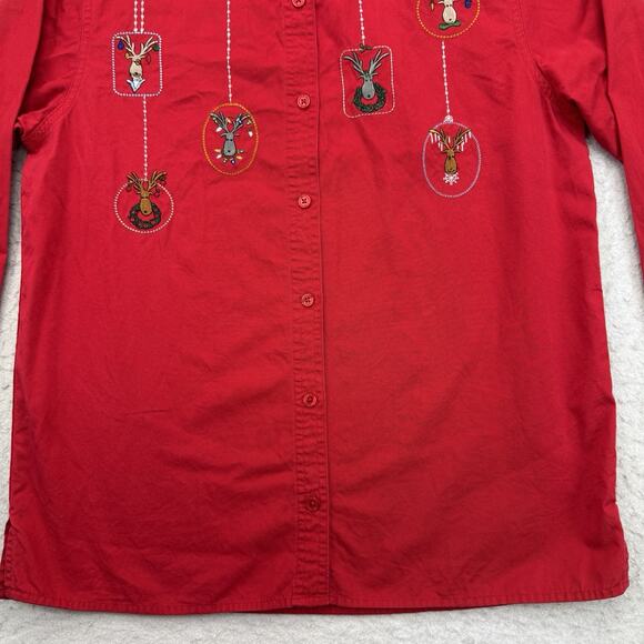 Vintage Christmas Shirt Womens Small S Red Reindeer Button Up Long Sleeve - Picture 4 of 11